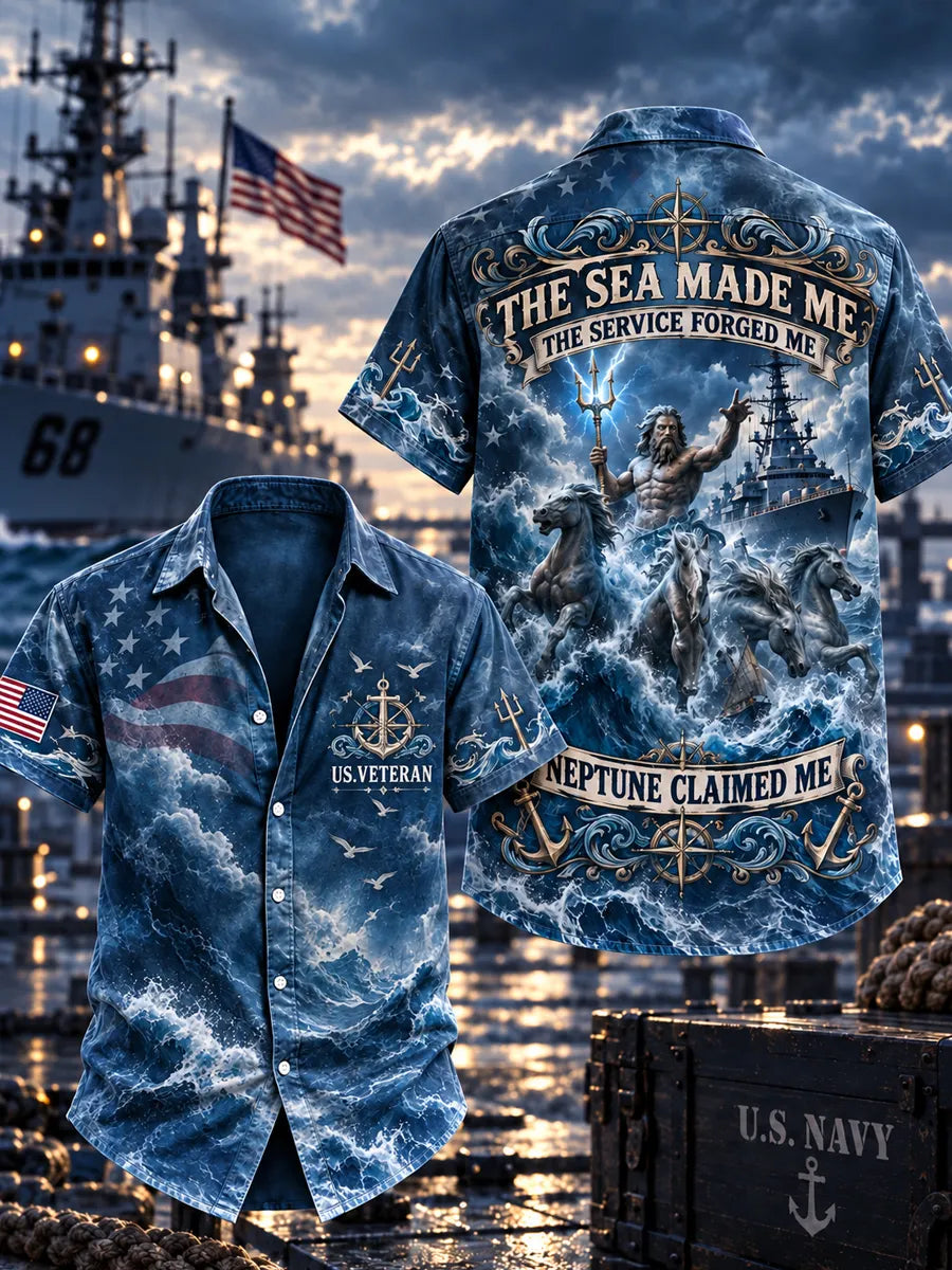 Men’s Veteran “THE SEA MADE ME THE SERVICE FORGED ME NEPTUNE CLAIMED ME” Printed Short Sleeve Shirt
