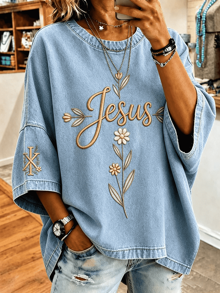 Women's Jesus Floral Daisy Embroidery Chi Rho Cross Sleeve Oversized Blouse