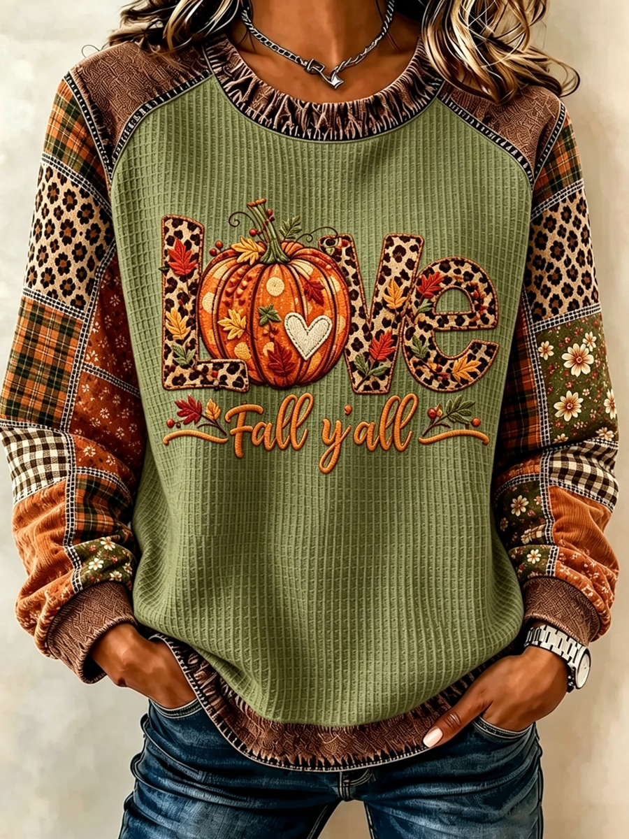 Women's Fall Pumpkin Plaid Raglan Waffle Top