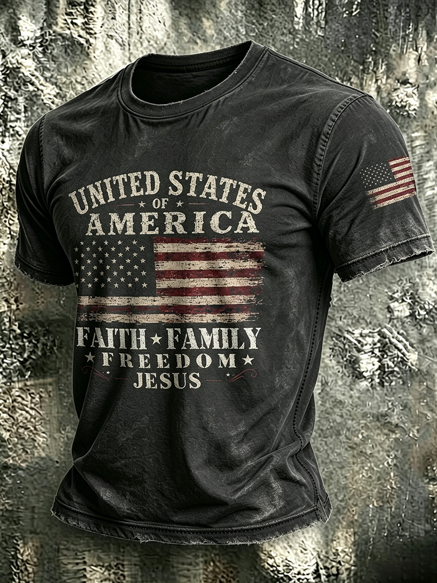 American Flag Faith Commemorative Printed Washed Round Neck T-Shirt