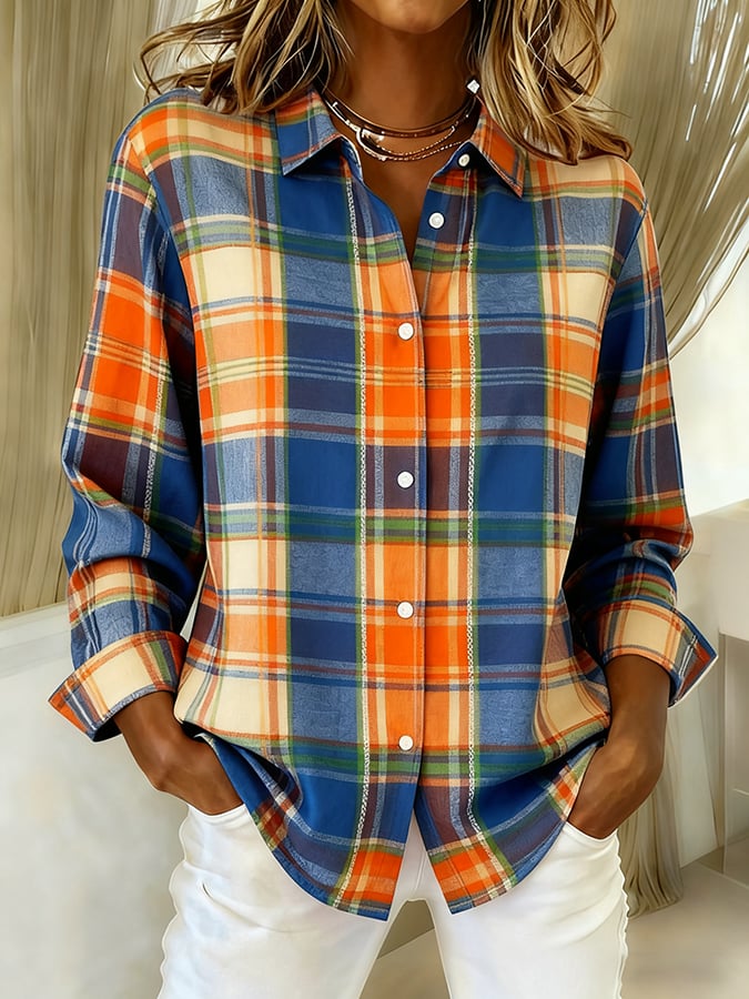 Women's Casual Retro Orange Plaid Cotton And Linen Shirt