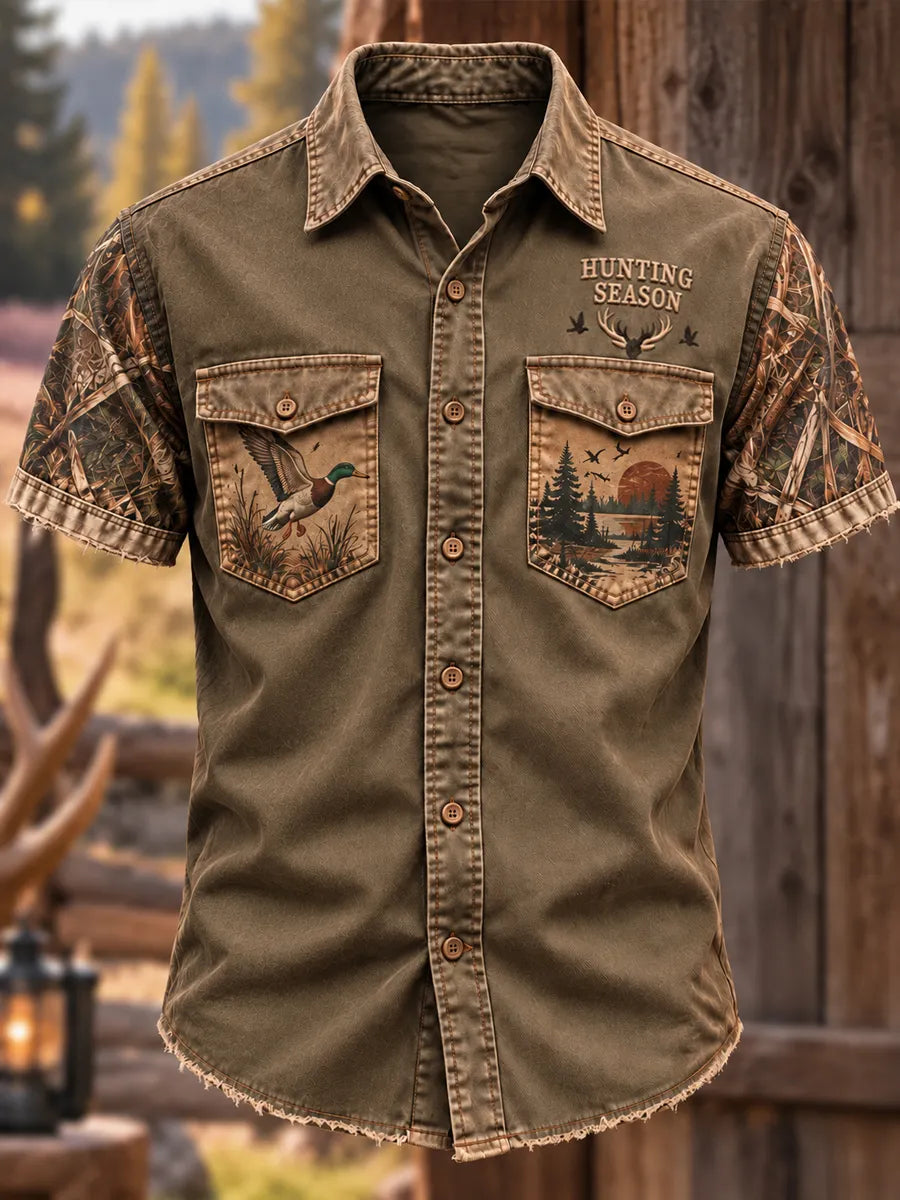 Men's Retro Hunting Culture Print Short Sleeve Button-Up Shirt