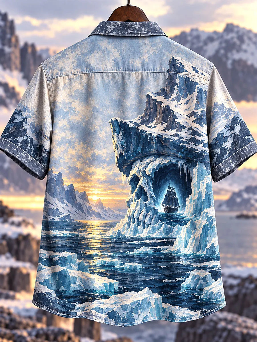 Men's Vintage Frozen Skull Cave Pirate Ship Print Short Sleeve Shirt