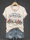 Women's I Will Sing Of The Goodness Of God Psalm 89:1 Christian Bird Print Casual V-Neck Tee