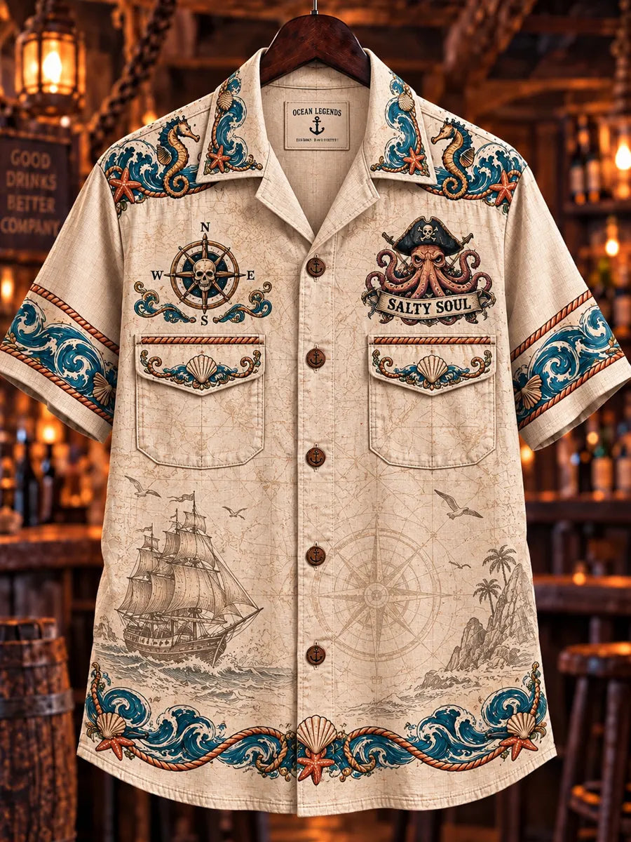 Men’s Vintage  "TOO MANY ARMS NOT ENOUGH RUM" Old Salt Printed Short Sleeve Shirt