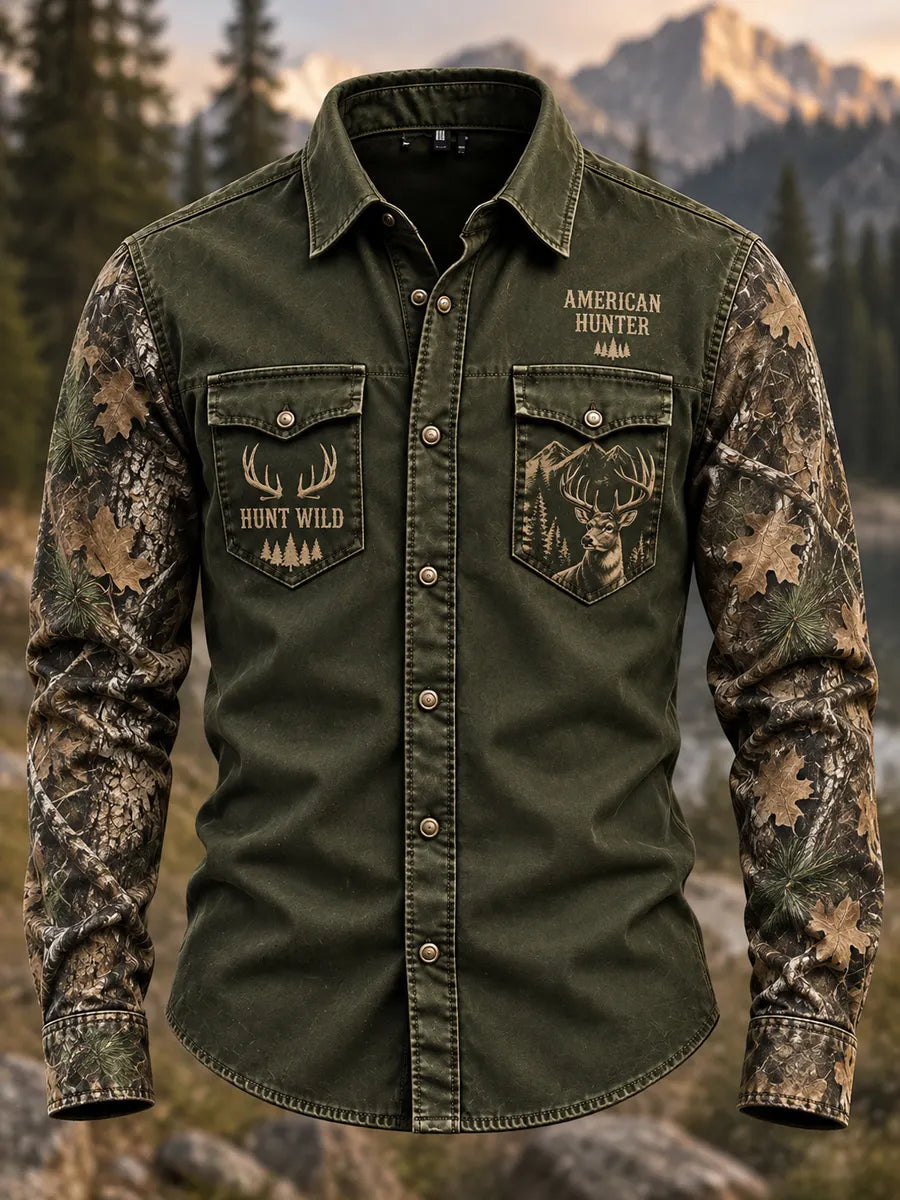 Vintage Hunting Culture Print Long Sleeve Button-Front Shirt