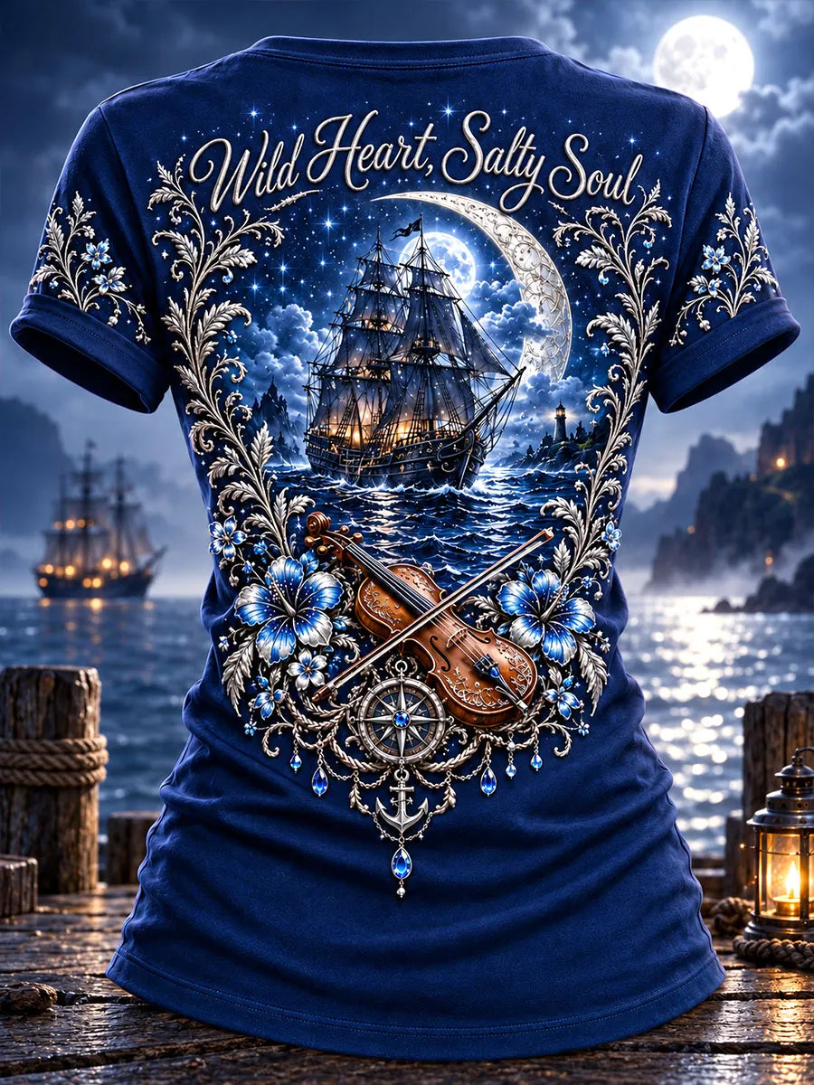 Moonlit Violin Pirate Woman Graphic T-Shirt