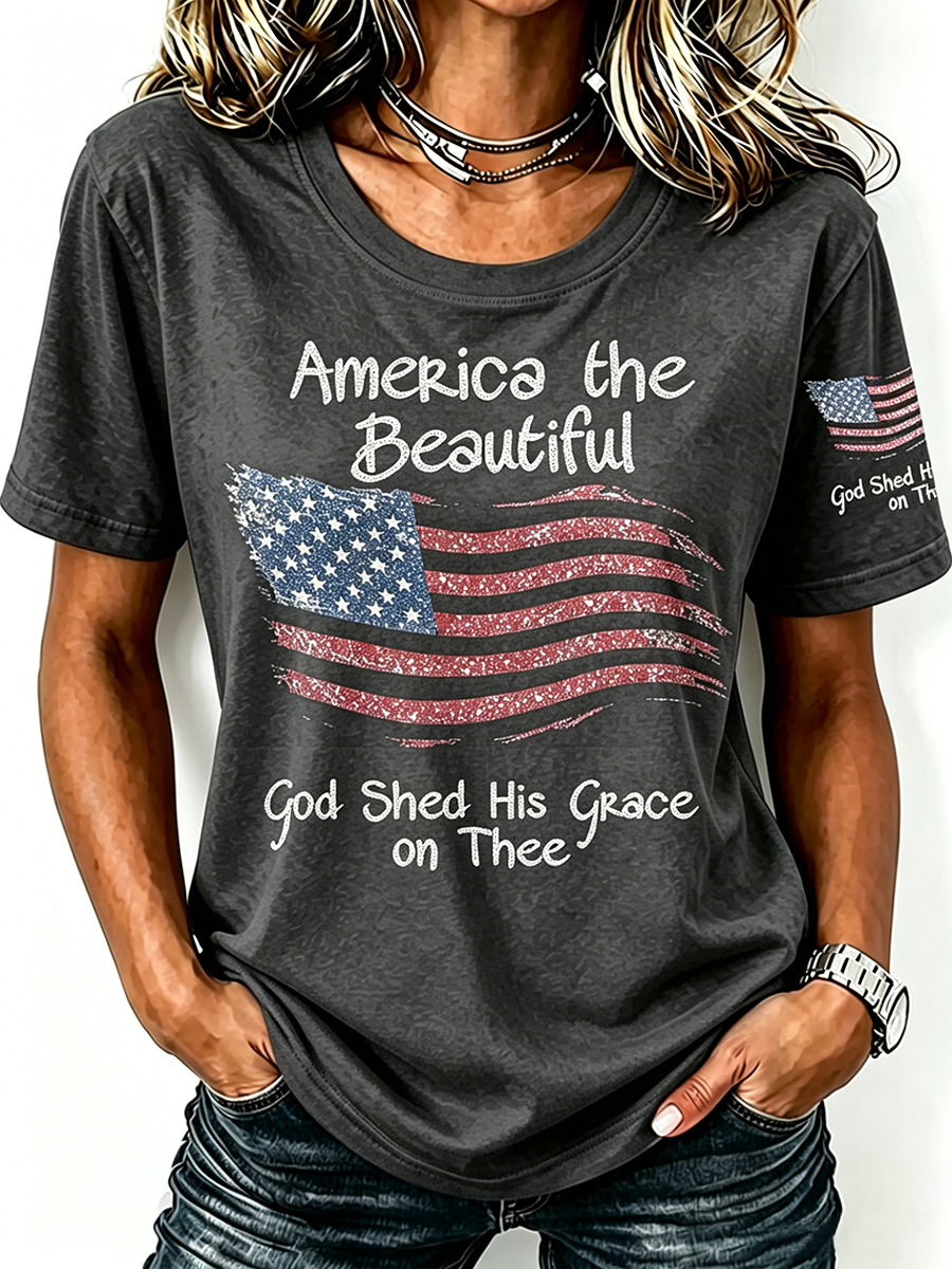 American Flag Faith Commemorative Printed Round Neck T-Shirt