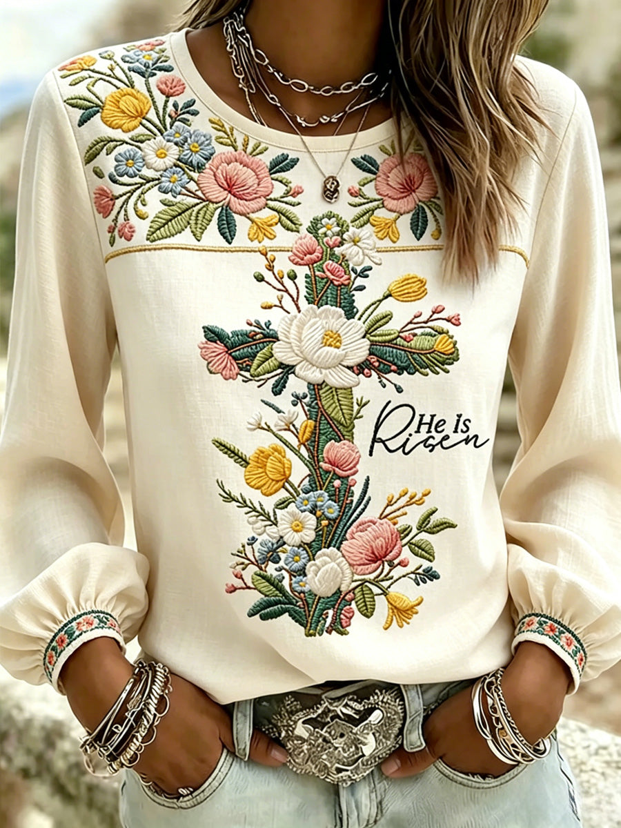 Women'S Casual Floral Faith Print Cotton Linen Top