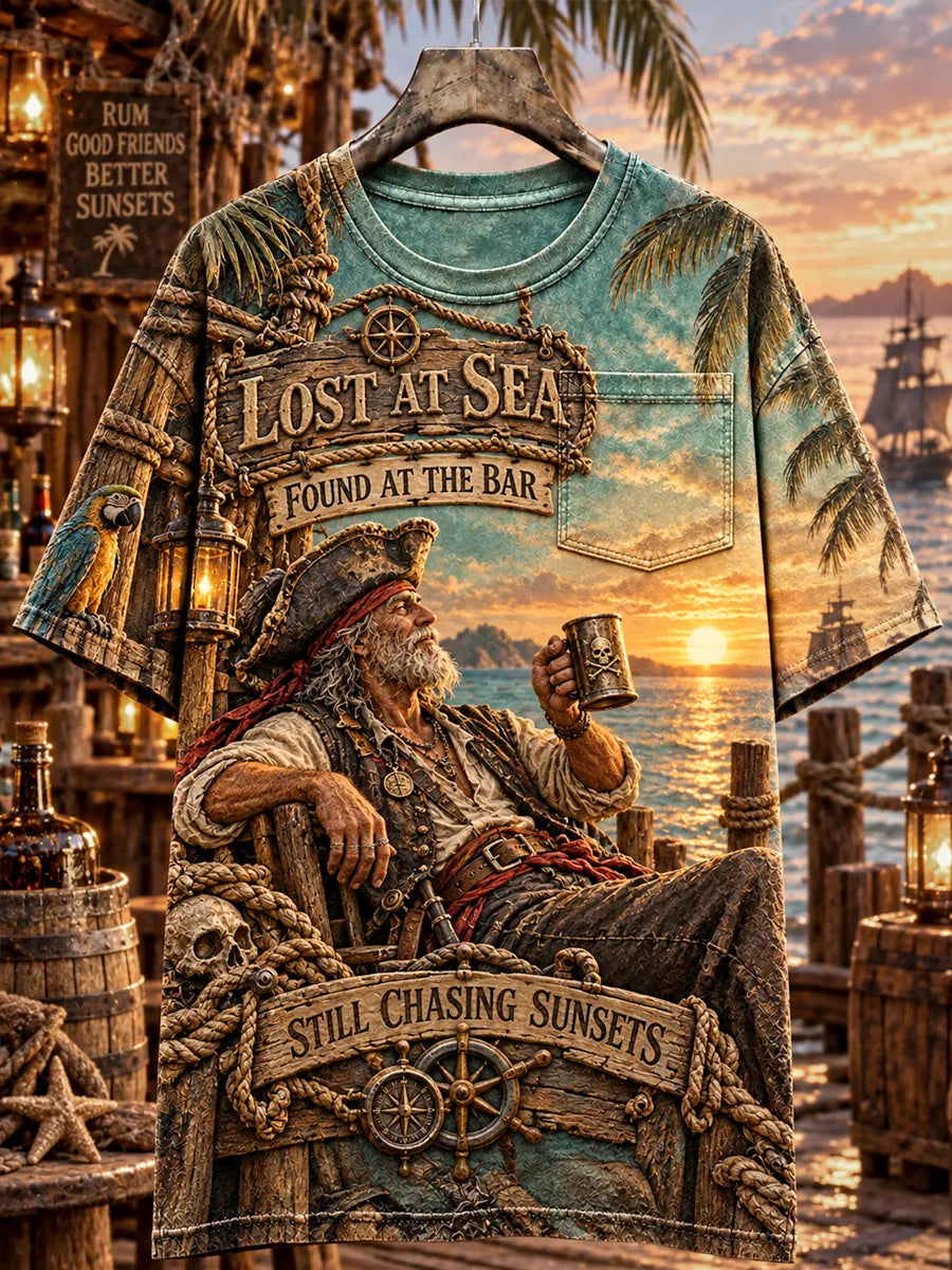 Men’s Lost at Sea Found at the Bar Sunset Pirate Graphic Pocket T-Shirt