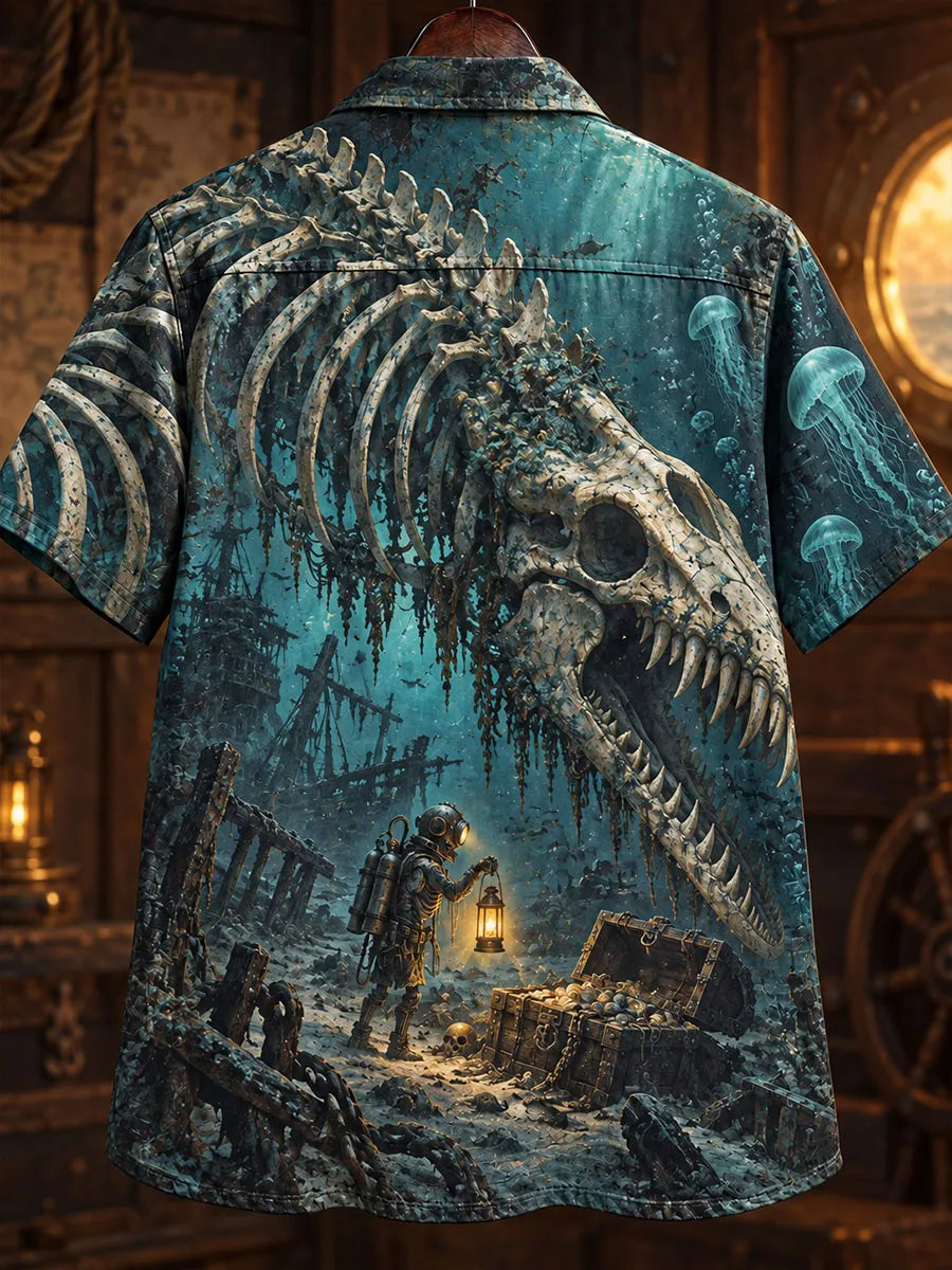 Men’s Vintage Deep-Sea Dinosaur Skeleton & Sunken Treasure Short-Sleeve Shirt