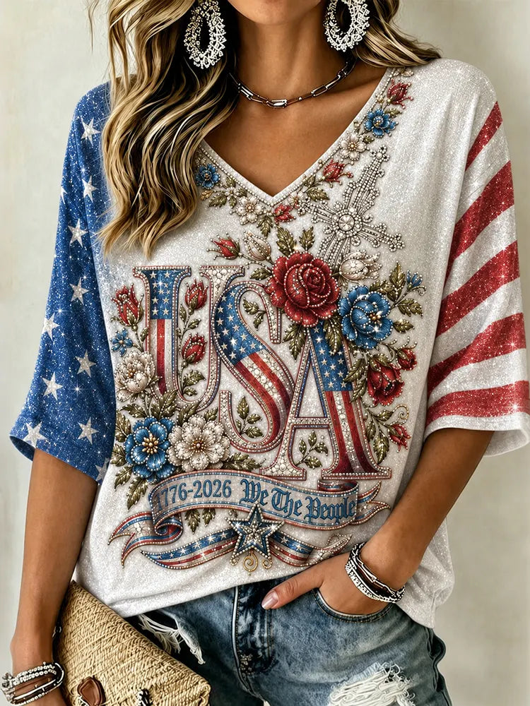 Women's USA Faith V-neck Short sleeved Top