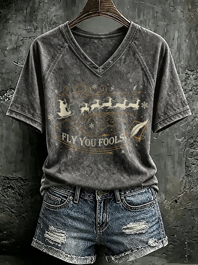 V Neck Retro Funny Christmas Fly You Fools Reindeer Holiday Season Print T-Shirt