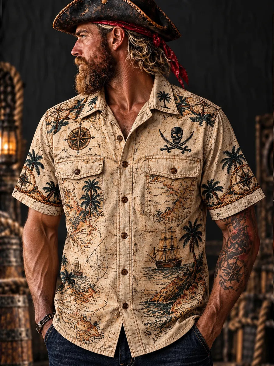 Men’s Vintage  "LOST AT SEA " Old Salt Pirate Short Sleeve Shirt