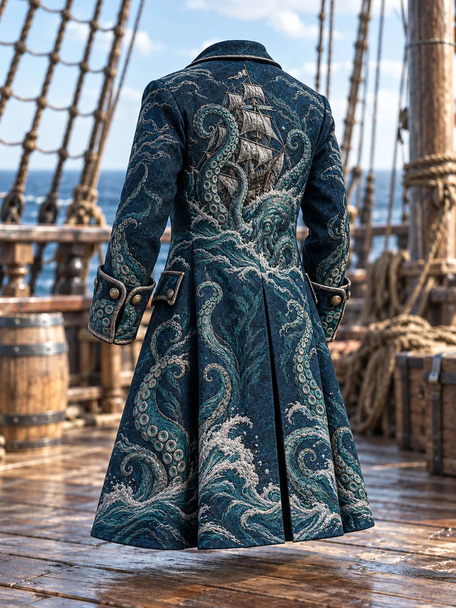 🌊 Men's Kraken & Ghost Ship Pirate Trench Coat