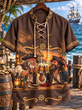 Men’s Pirate Cheers Bar Print Lace-Up Short Sleeve Shirt