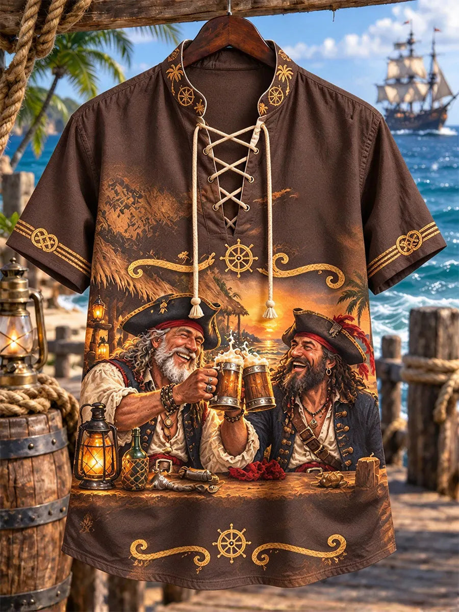 Men’s Pirate Cheers Bar Print Lace-Up Short Sleeve Shirt