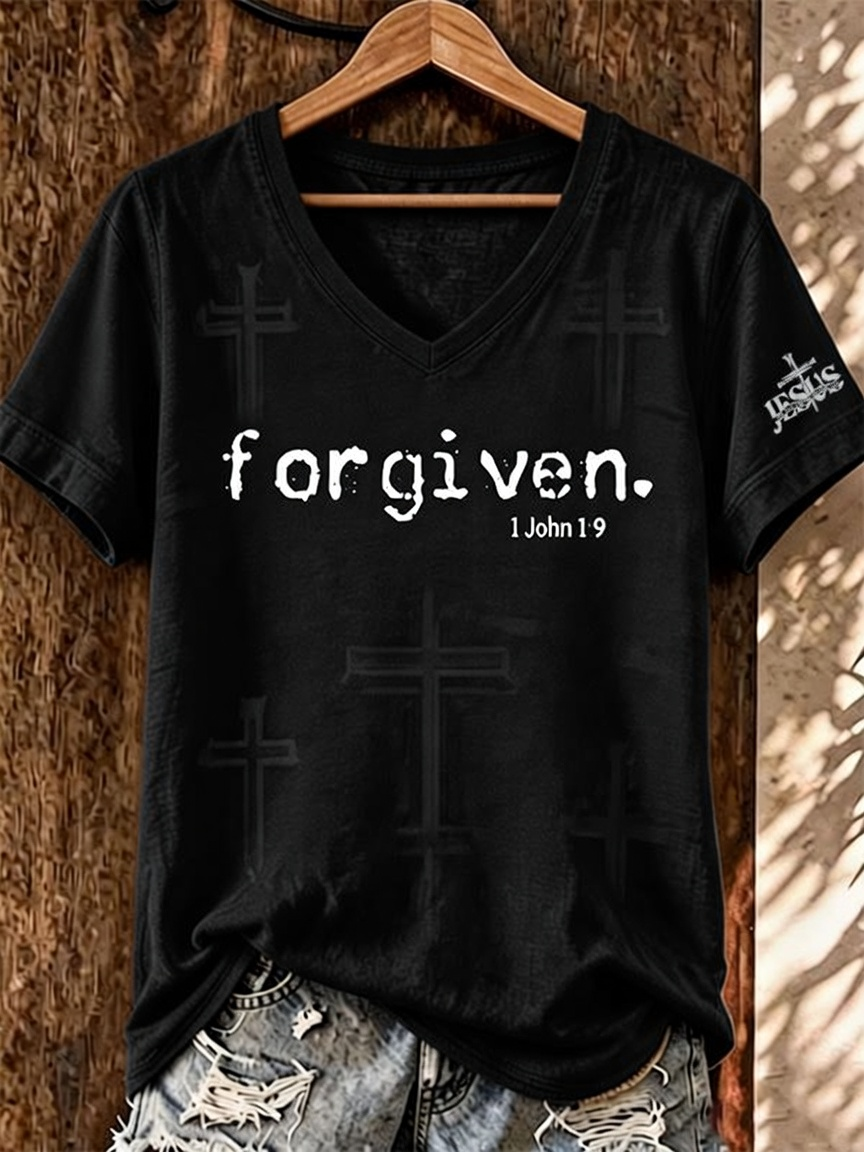 Women's Forgiven 1 John 1:9 Cross Background Jesus Sleeve Print Burgundy V Neck T-Shirt