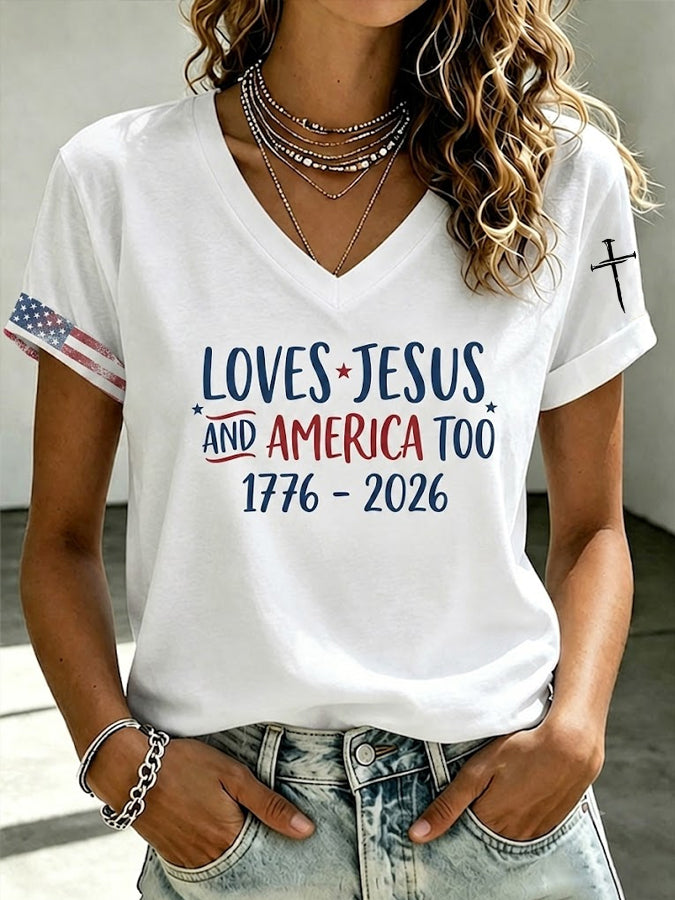 Women'S American Flag Cross Heart Print T-Shirt