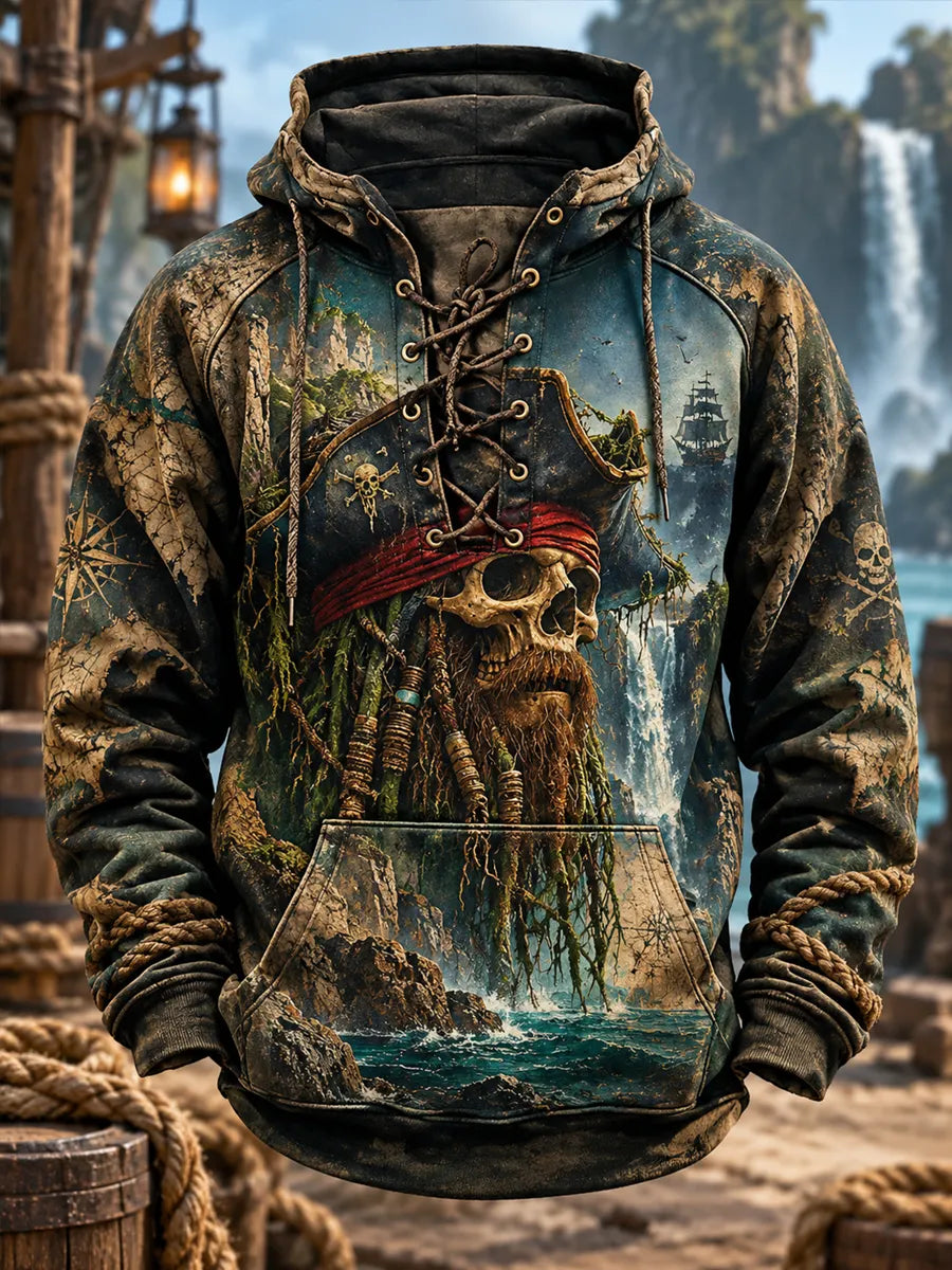 Men's Vintage Pirate Skull Art Print Casual Hoodie