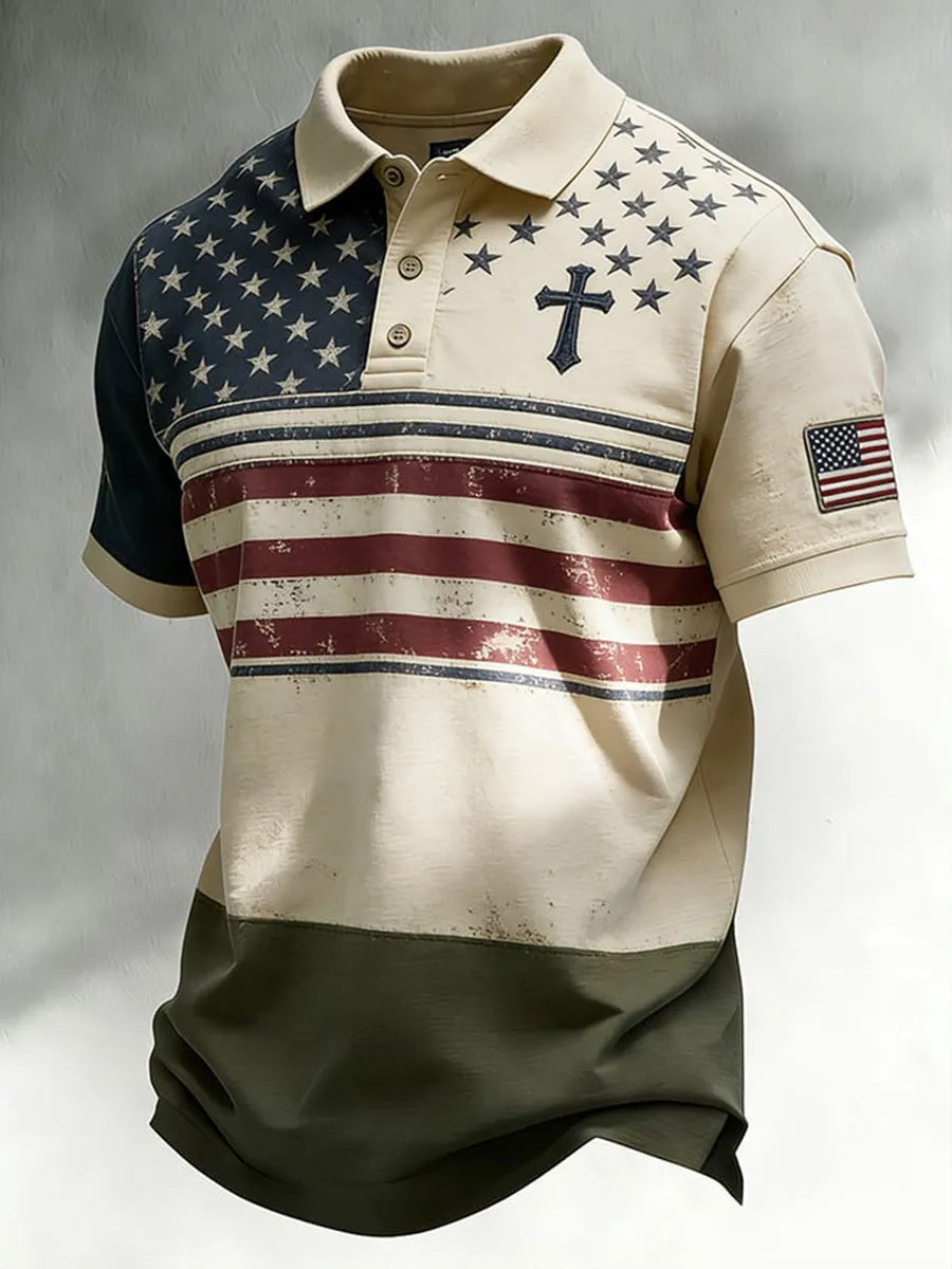 Men's Vintage Faith-Print Casual Polo Shirt