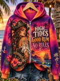 Women’s High Tides, Good Rum, No Rules Pirate Sunset Graphic Zip-Up Hoodie