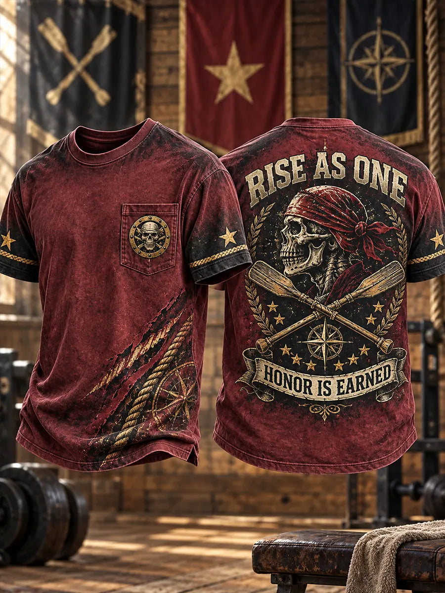 Men’s Vintage “Rise as One—Honor Is Earned” Pirate Skull Washed T-Shirt