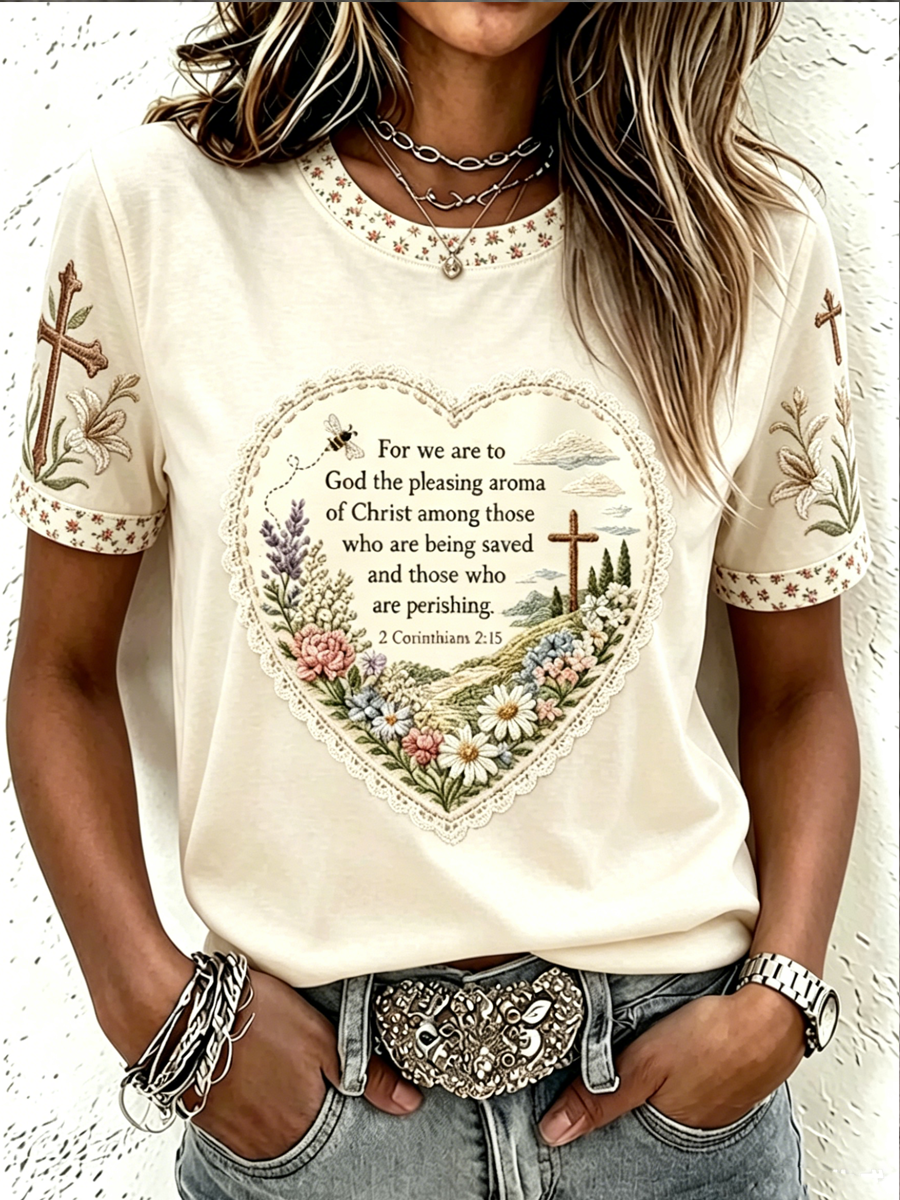 Women'S Retro Faith Art Cross Print Round Neck Short Sleeved T-Shirt