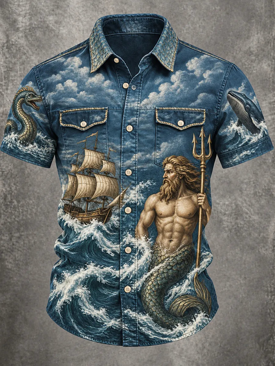 🏴‍☠️⚓"Mythic Ocean" Triton, Sea Serpent & Whale Denim Shirt
