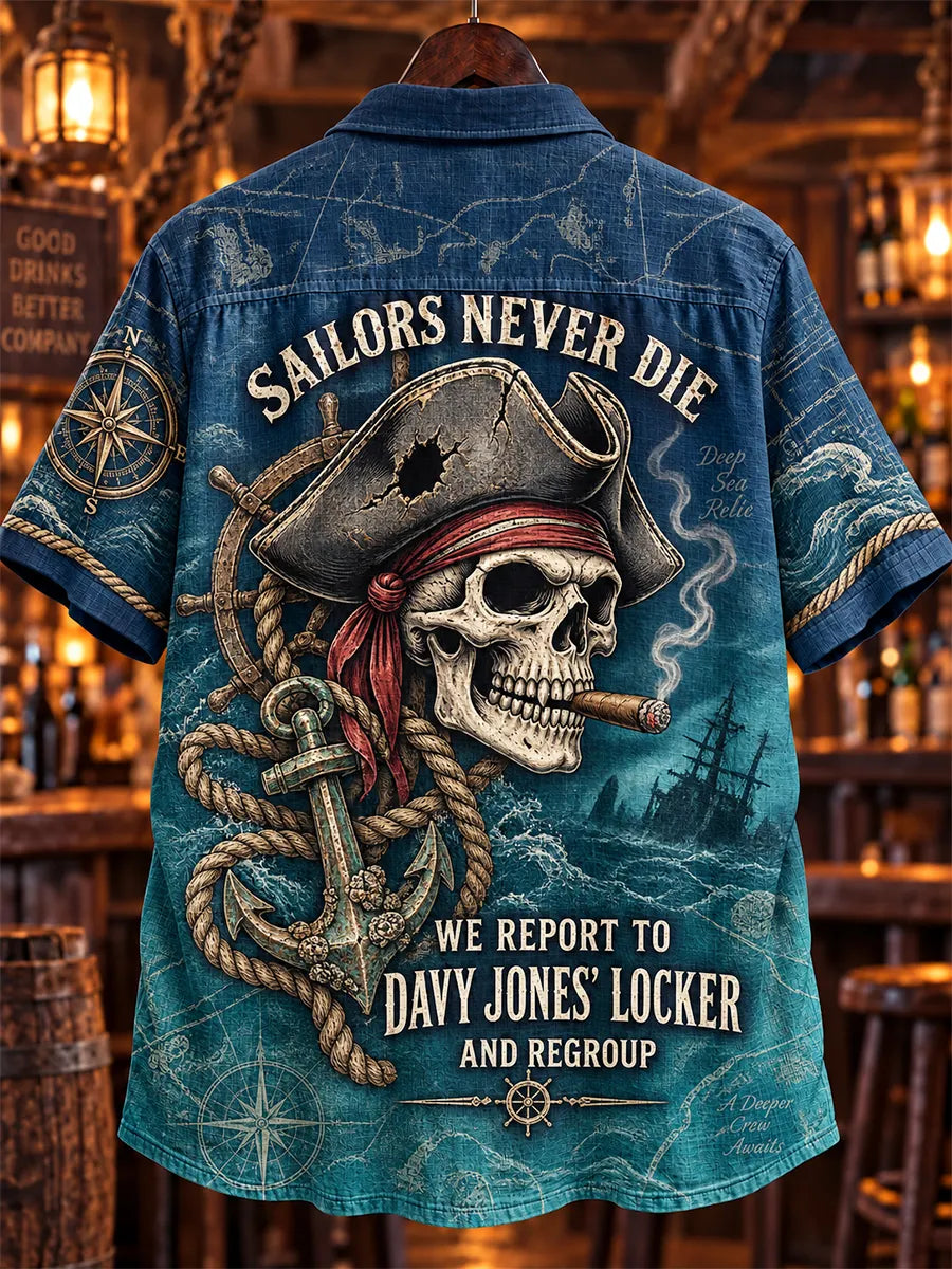 🏴‍☠️💀"Deep Sea Relic" Sailor Skull Denim Shirt🌊