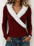 Women's V-Neck Ribbed Long-Sleeve Top with Raw Edges