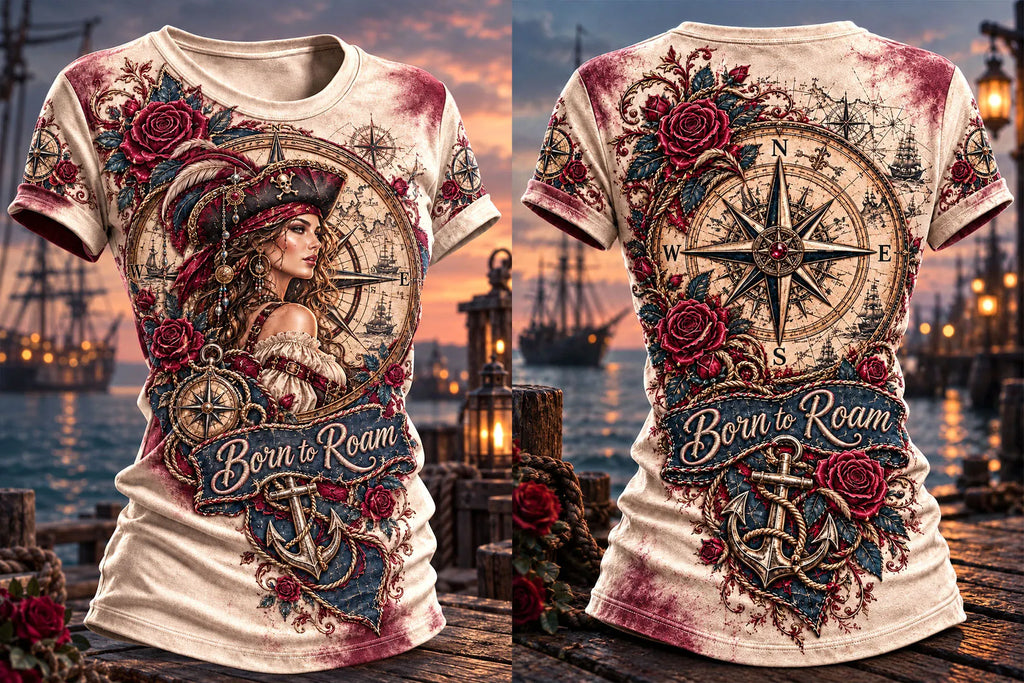 Vintage Compass Rose Pirate Woman Graphic T-Shirt