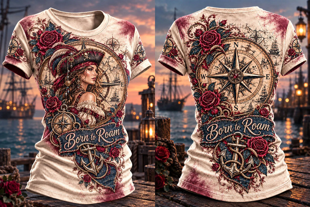 Vintage Compass Rose Pirate Woman Graphic T-Shirt