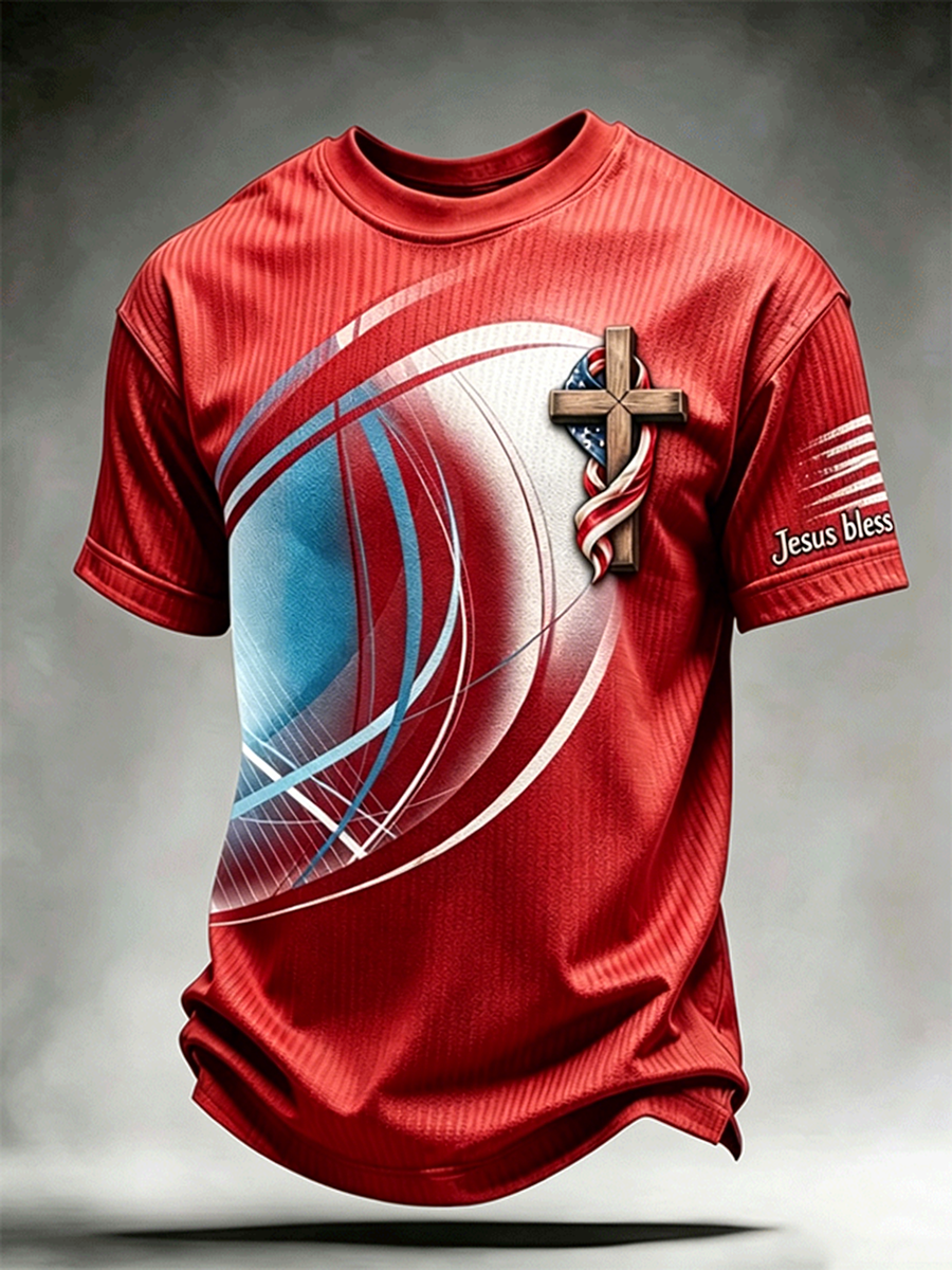 Men's Jesus Bless Wooden Cross American Flag Geometric Line Tee