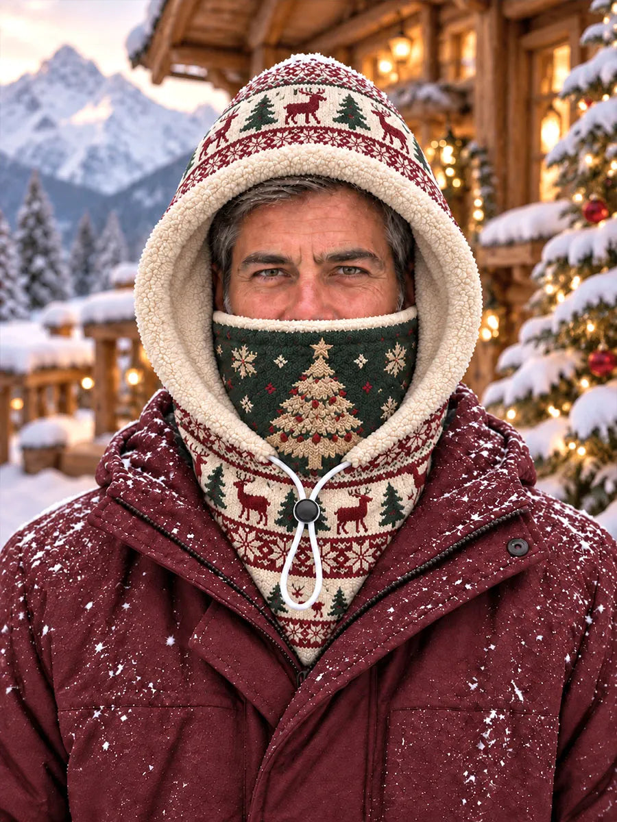 Men’s Christmas Tree & Reindeer Nordic Knit-Style Fleece-Lined Hooded Neck Warmer Balaclava