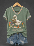 Women's Walking By Faith Tripping Constantly Goose Print Christian Inspirational V-Neck Tee