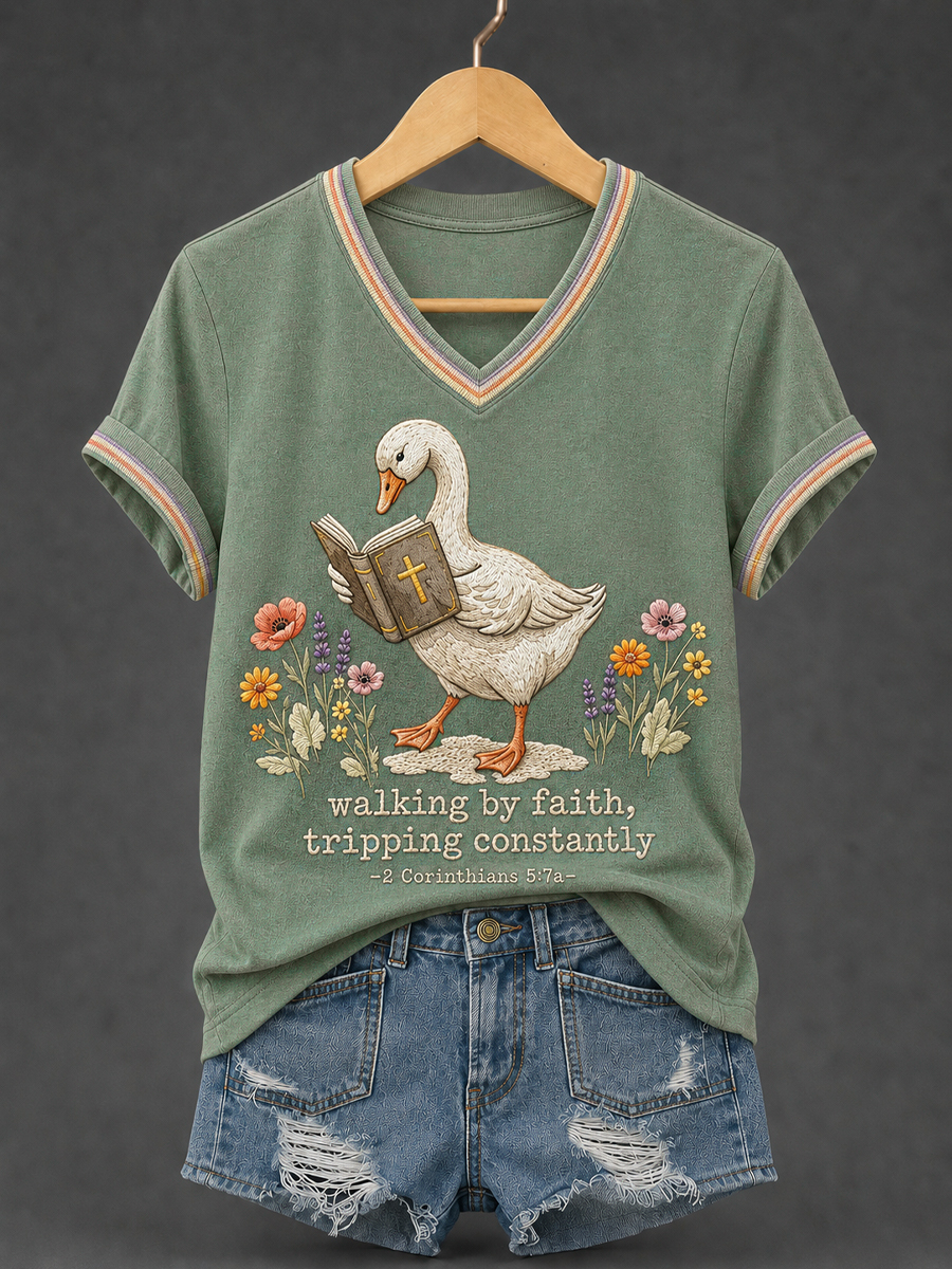 Women's Walking By Faith Tripping Constantly Goose Print Christian Inspirational V-Neck Tee