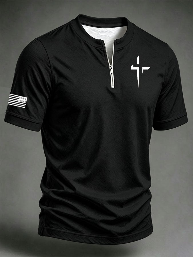 Men's Casual Printed Stand Collar Zip-Up Henley Shirt
