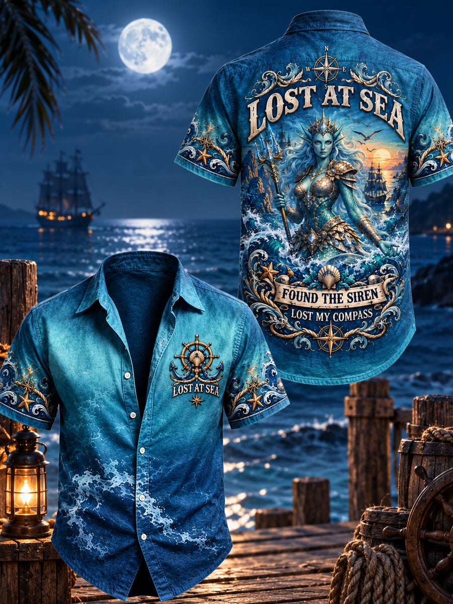Men’s Vintage “LOST AT SEA · FOUND THE SIREN” Printed Short Sleeve Shirt