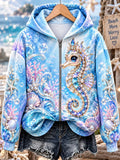 Women's Ocean-Style Seahorse Art Print Casual Zip Hoodie
