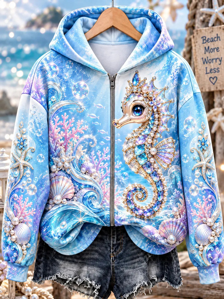 Women's Ocean-Style Seahorse Art Print Casual Zip Hoodie