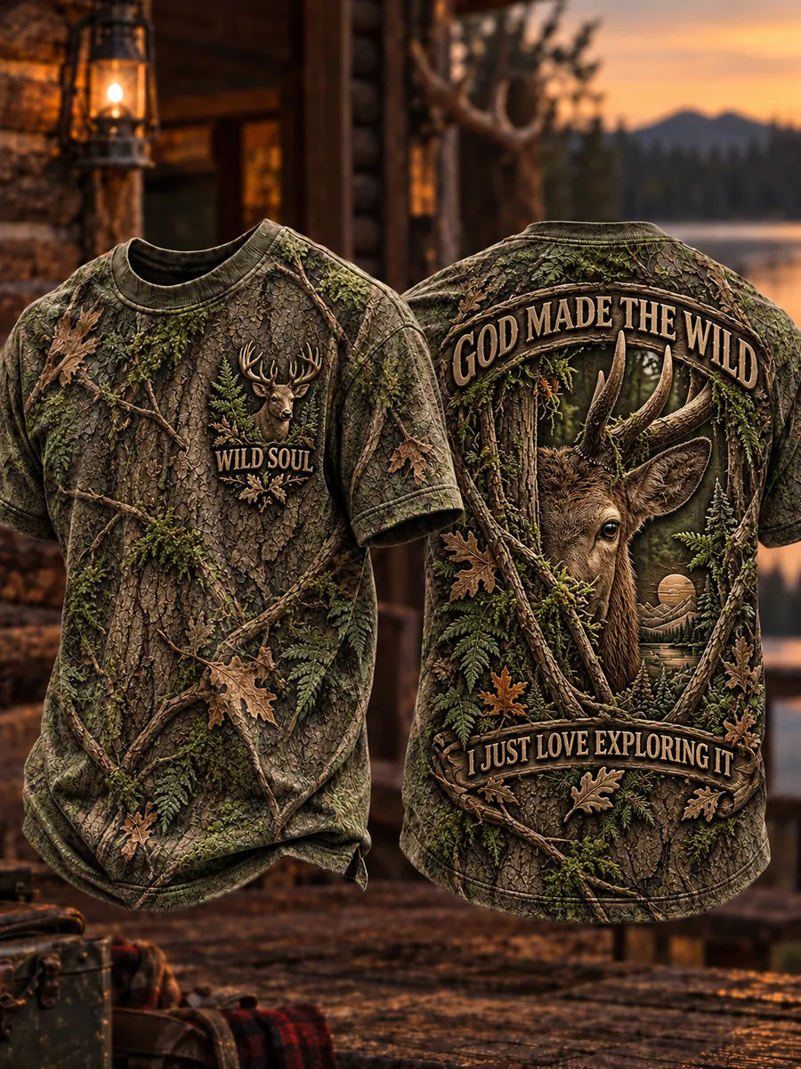 Men’s Retro “GOD MADE THE WILD · I JUST LOVE EXPLORING IT” Hunting Season Printed T-Shirt