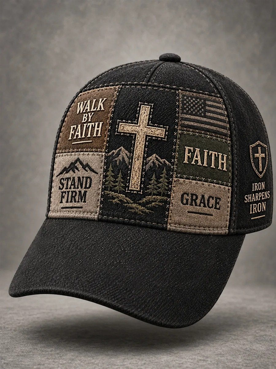 Unisex Christian Walk By Faith Cross Faith Patchwork Print Hat
