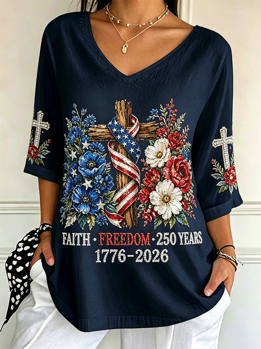 Women's God Family Country Flag Cross V Neck 3/4 Sleeve Casual Tee
