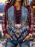 Women's Vintage Snowy Mountain Deer Stitch-Detail Sweatshirt