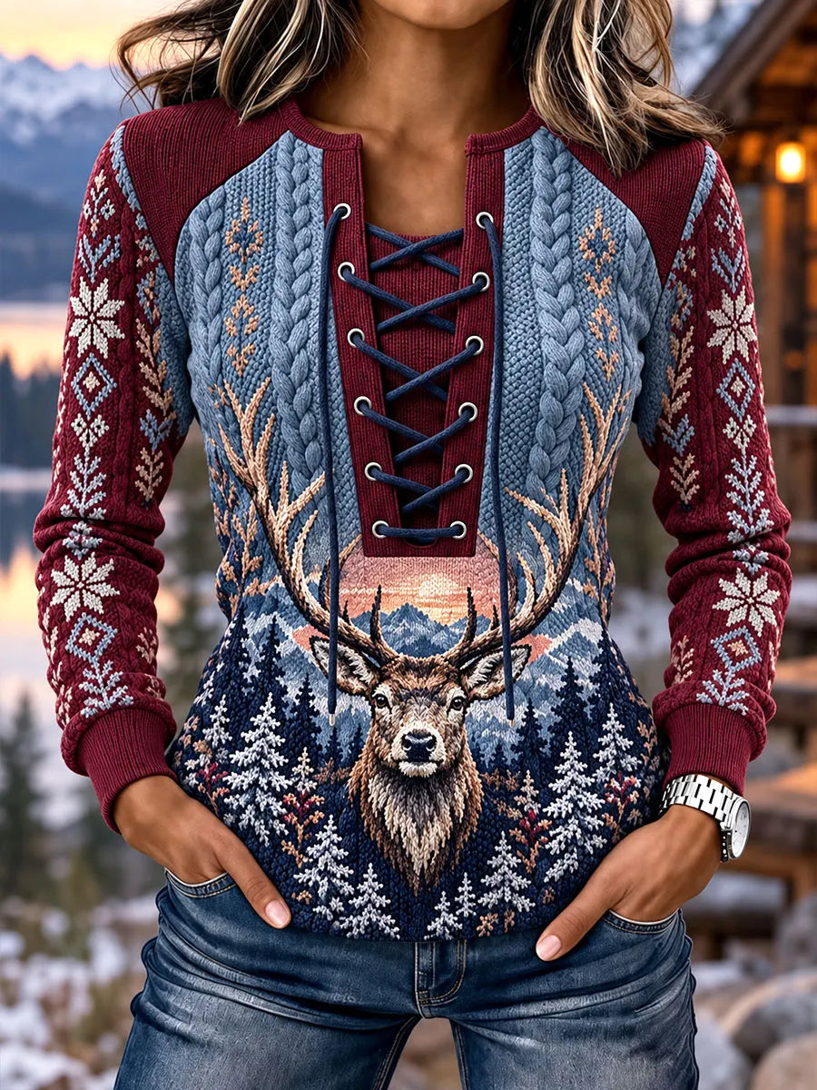 Women's Vintage Snowy Mountain Deer Stitch-Detail Sweatshirt