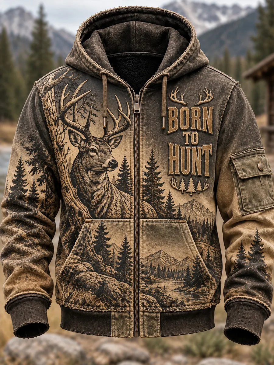 Men's Retro Hunting Culture Print Casual Full-Zip Hoodie