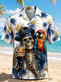 Men's Palm Tree Pirate Skeleton Parrot Tropical Beach Art Print Shirt