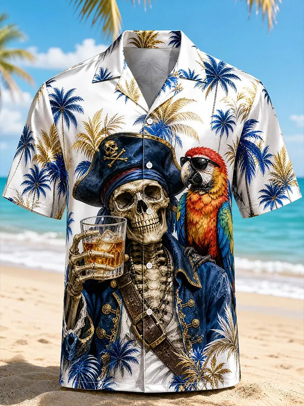 Men's Palm Tree Pirate Skeleton Parrot Tropical Beach Art Print Shirt