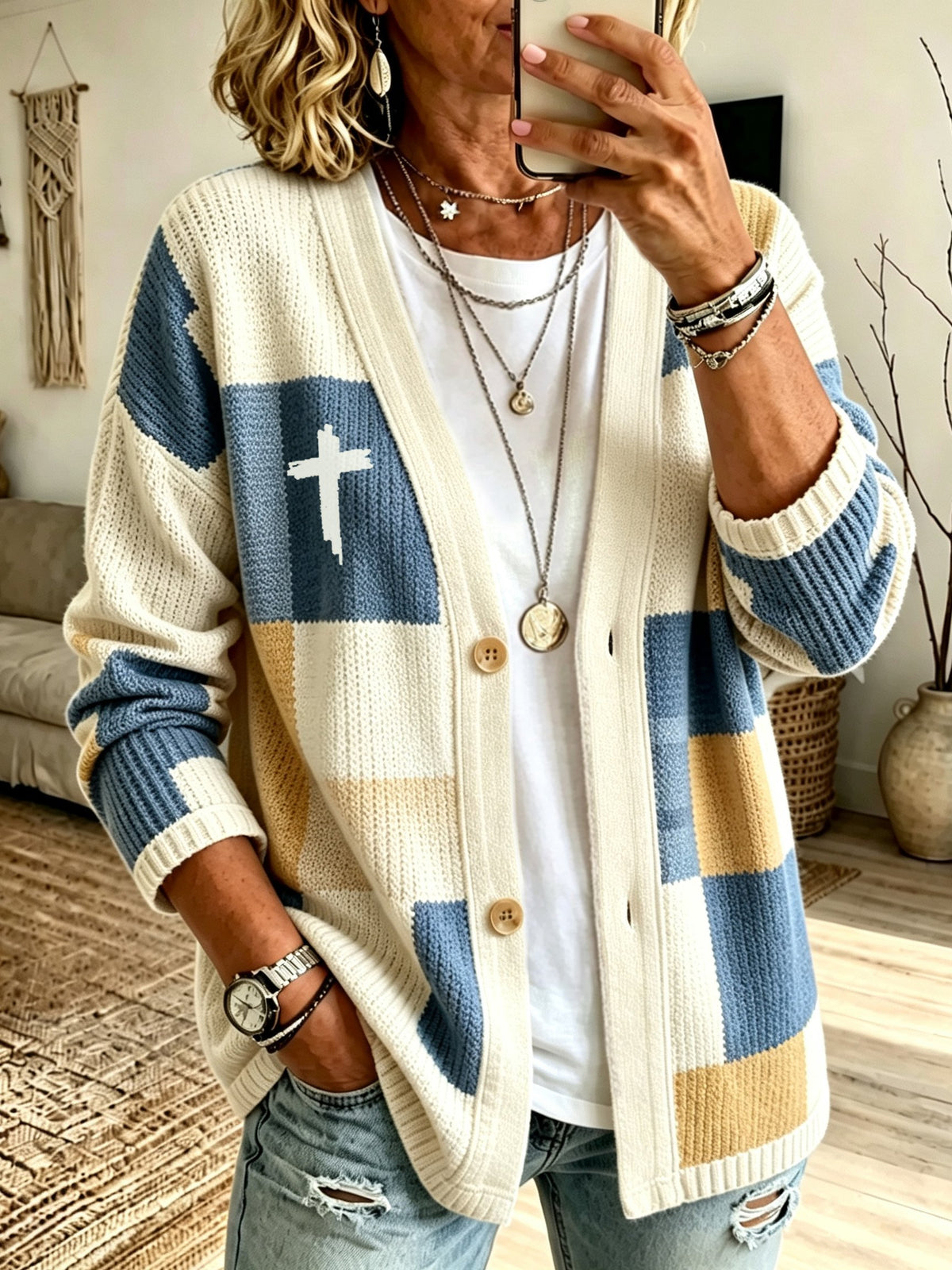 Women's Faith-Themed Printed Casual Cardigan